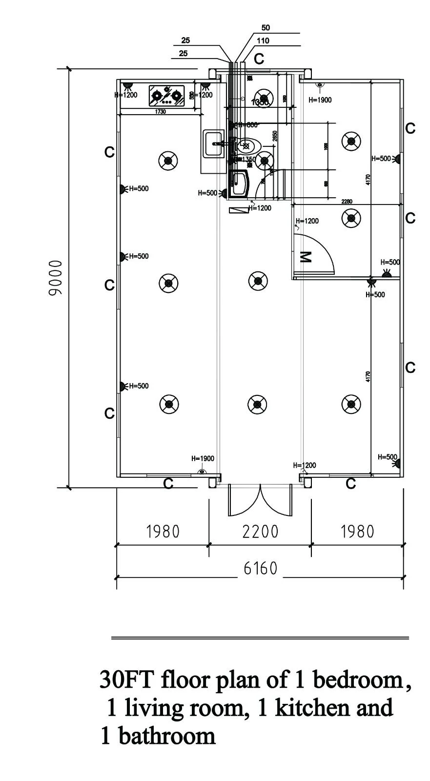 Plano de referencia del modelo EXPANDHOME de 55 metros cuadrados