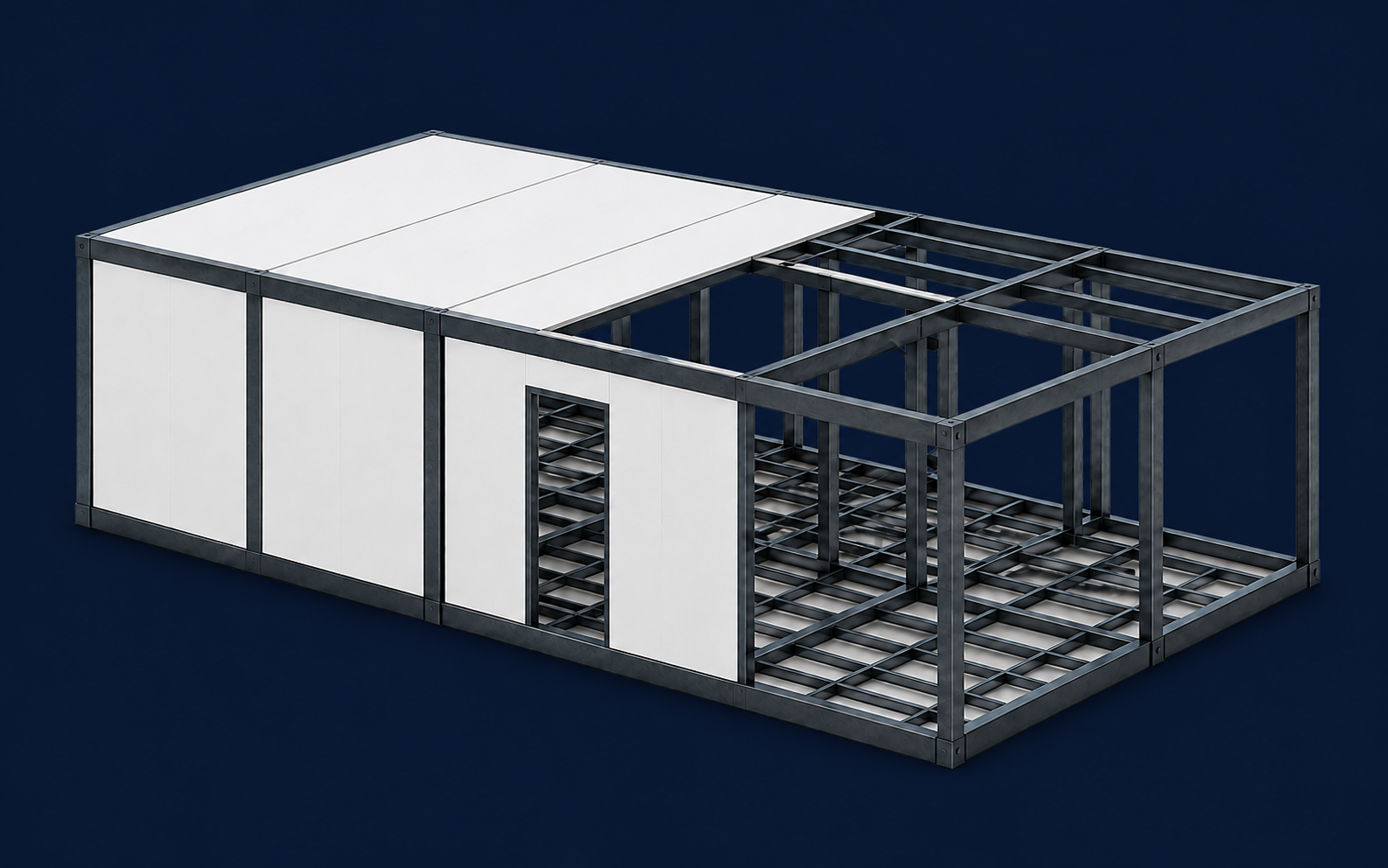 Visualización ilustrativa de una estructura modular EXPANDHOME parcialmente revestida con paneles blancos
