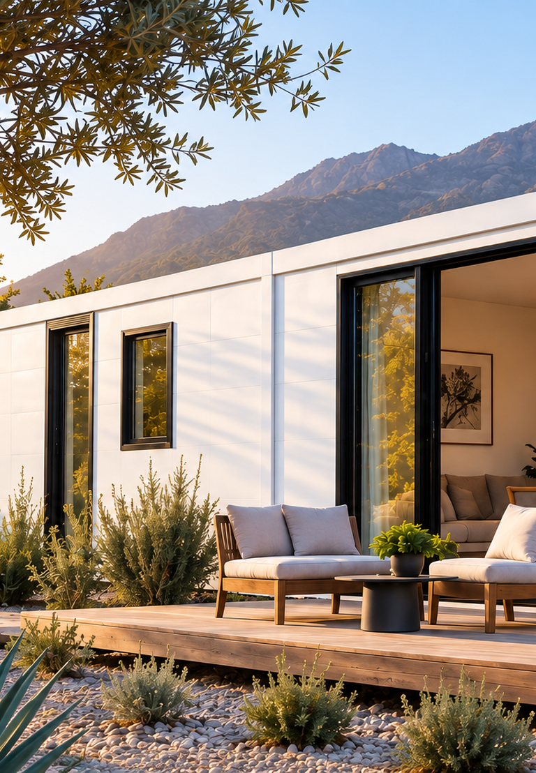Exterior de una residencia modular blanca